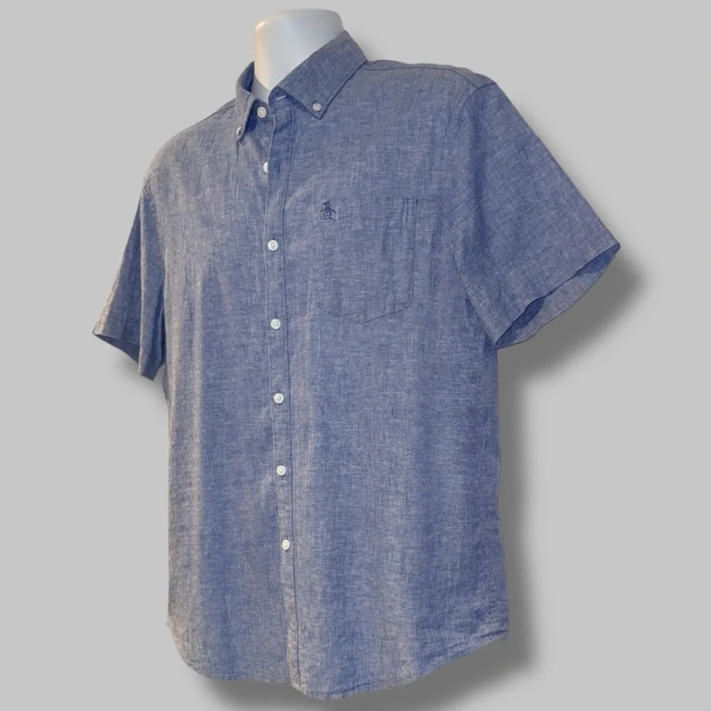 Original Penguin Linen Blend Button-Down Shirt Blue Chambray L Casual ResortWear - Picture 5 of 10